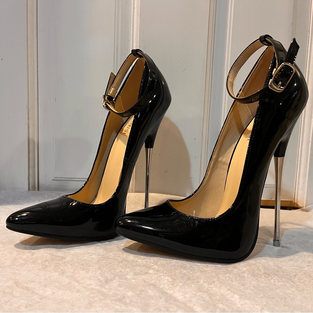 Black Patent Stiletto Ankle Strap Heels NWOB - Picture 3 of 7